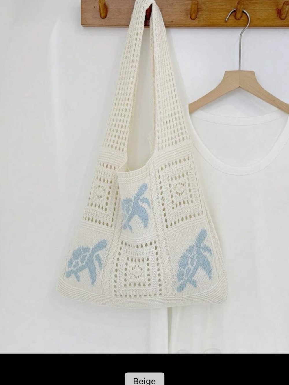 Crochet Tote Bag with Light Blue Floral Turtle Accents - Picture 2 of 3